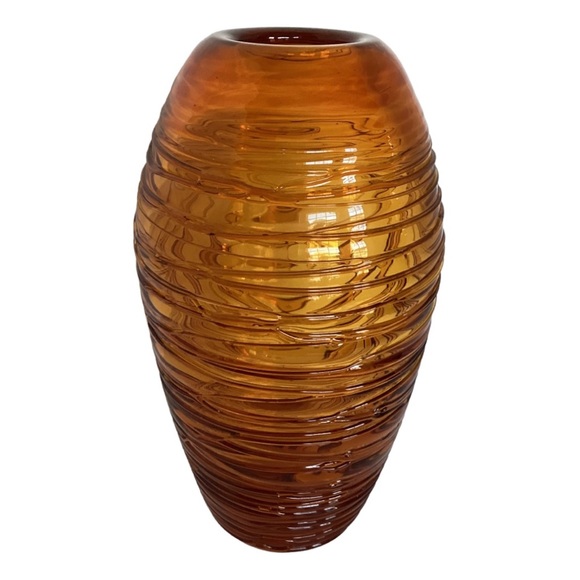 Eastern Beehive Art Glass Vase Honey Amber Hand Blown String Thread Overlay VTG - Picture 9 of 16